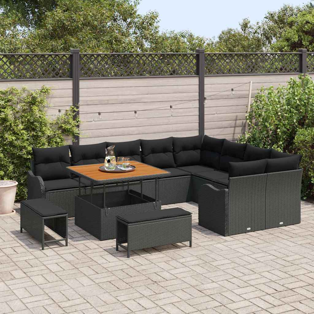Set Divano da Giardino  12 Pezzi con Cuscini Rattan Polimerico Nero Acacia 3364244