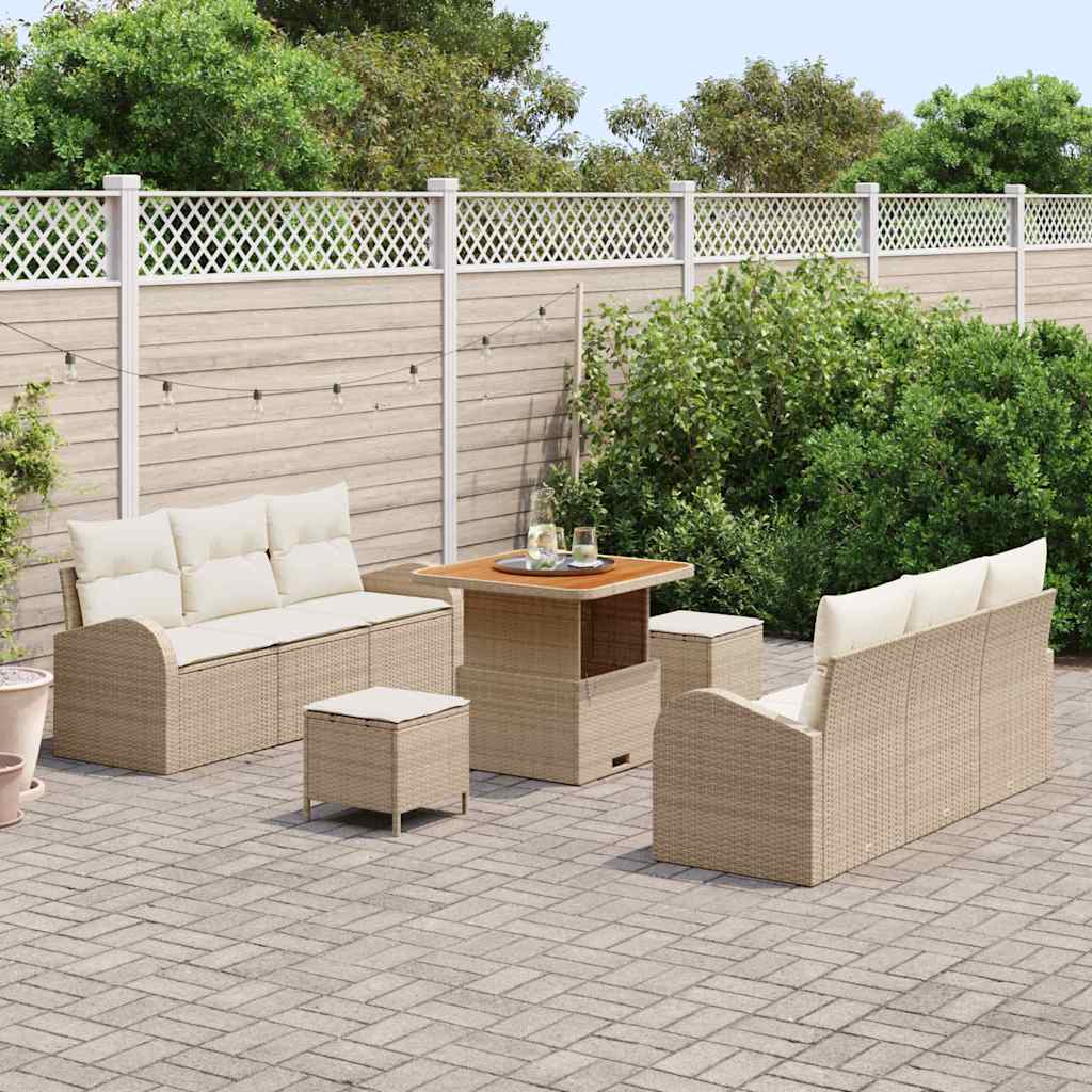 Set Divano da Giardino 9 Pezzi con Cuscini Beige Polyrattan Acacia 3364296