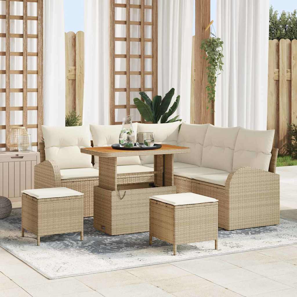 Set Divani da Giardino 8 Pezzi con Cuscini Beige in Polirattan e Acacia 3364346