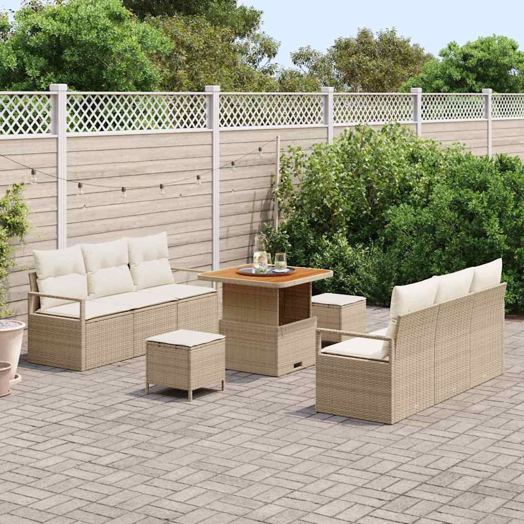 Set Divani da Giardino  9 Pezzi con Cuscini Beige in Rattan Sintetico e Acacia 3364426