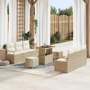 Set di divani da giardino , 9 pezzi con cuscini beige in rattan sintetico e acacia. 3364431