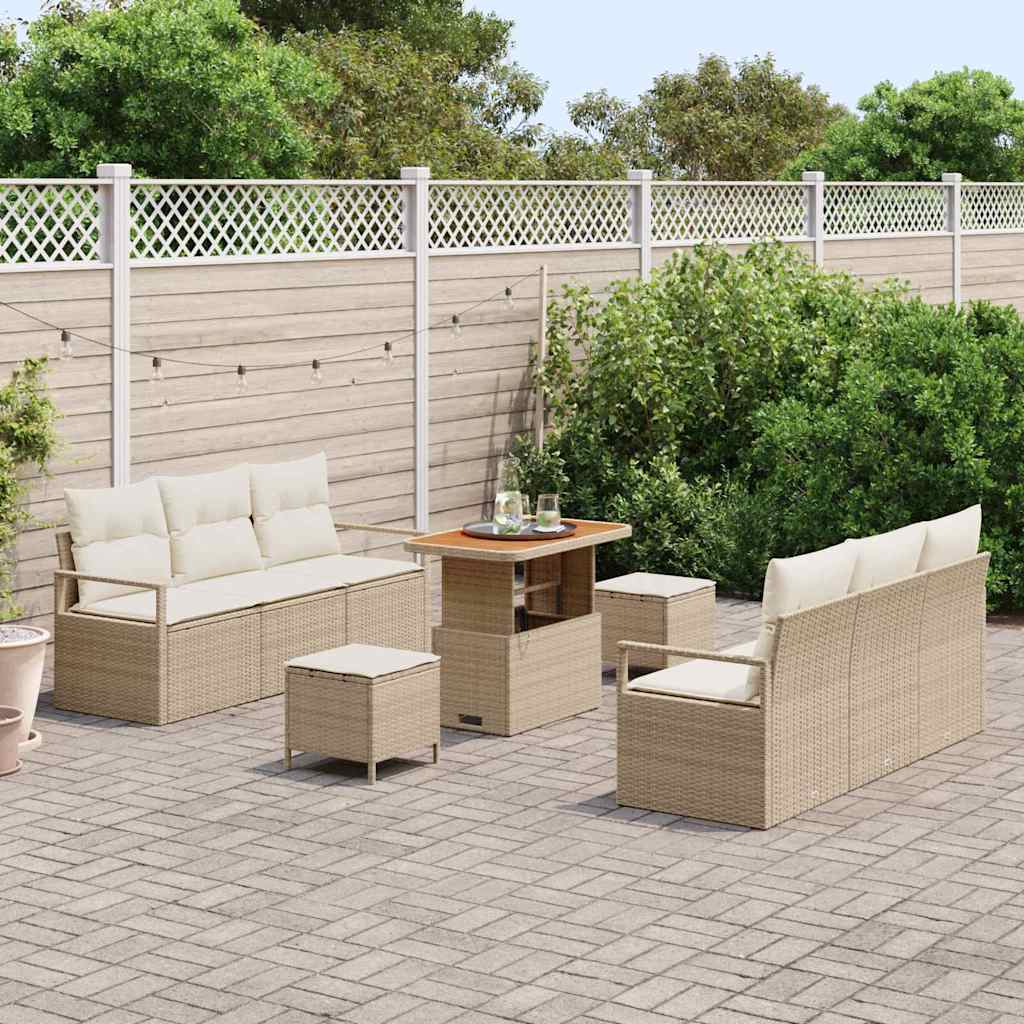 Set di divani da giardino , 9 pezzi con cuscini beige in rattan sintetico e acacia. 3364431