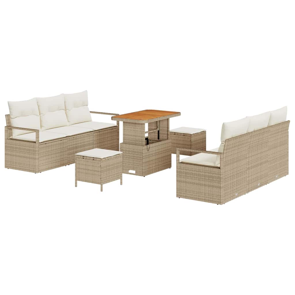 Set di divani da giardino , 9 pezzi con cuscini beige in rattan sintetico e acacia. 3364431
