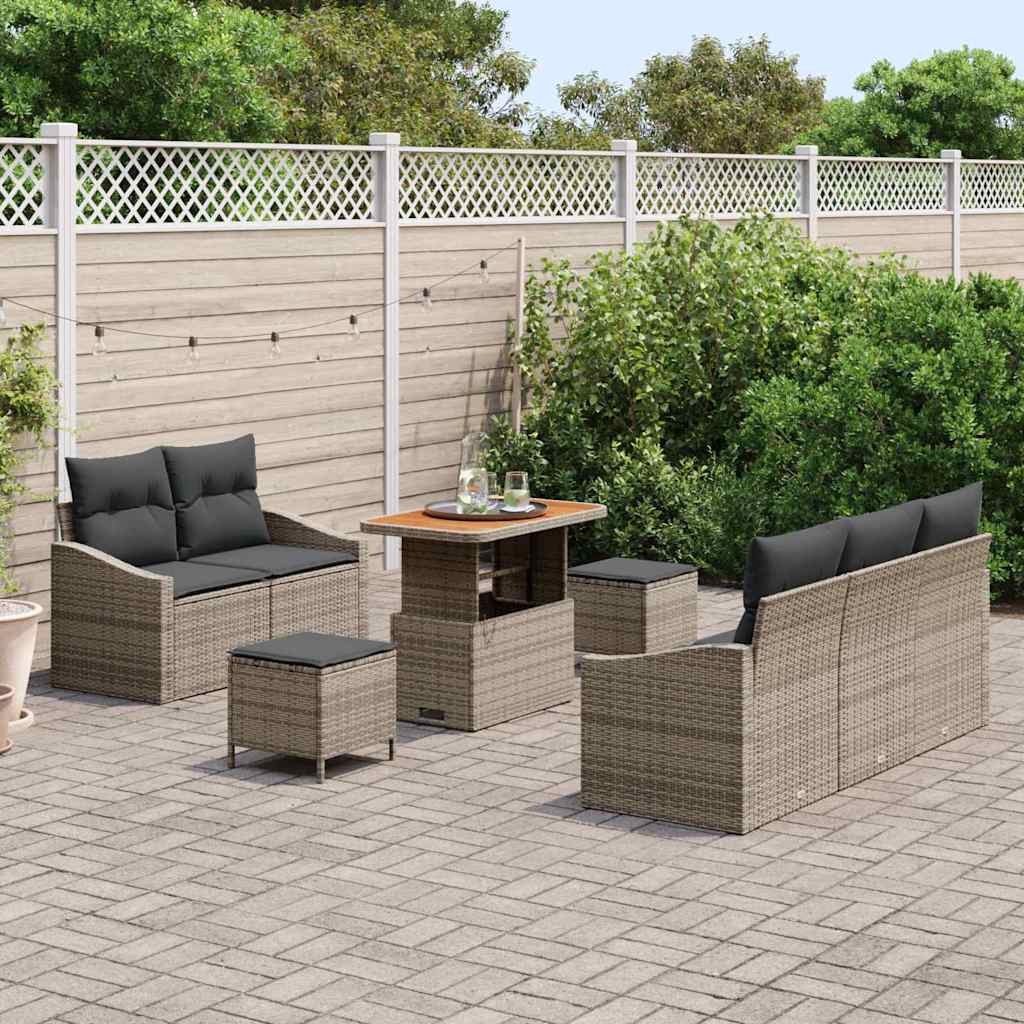 Set di Divano da Giardino 8 Pezzi con Cuscini Grigio Polyrattan Acacia 3364553