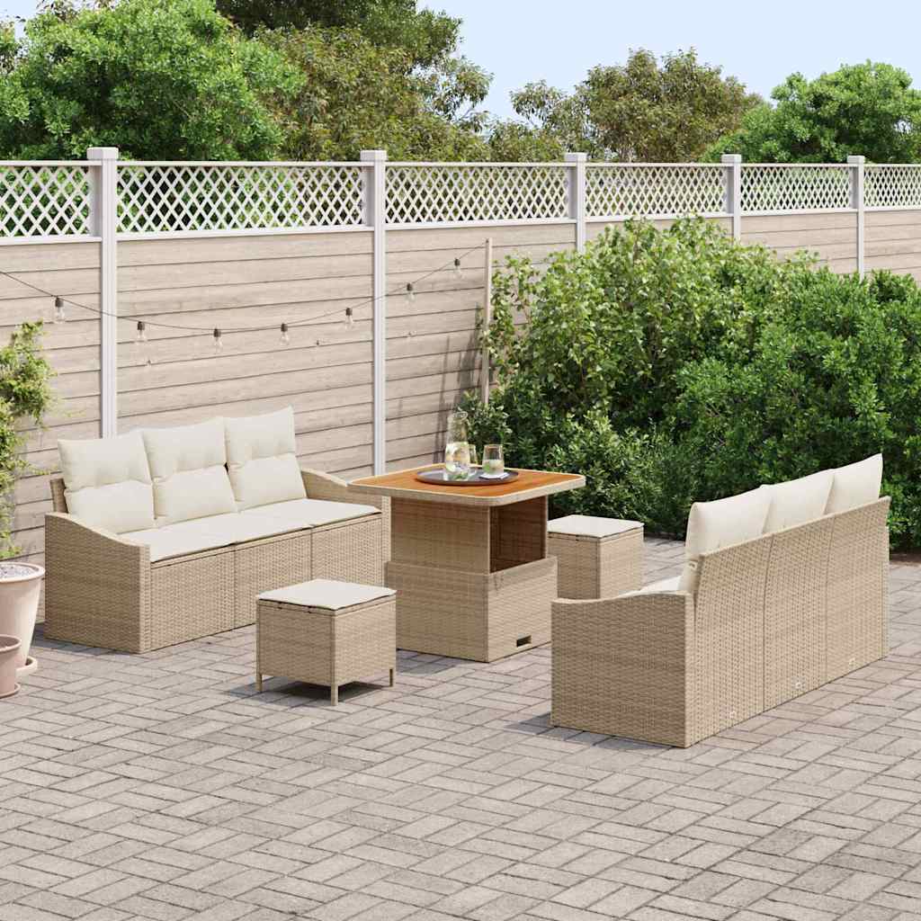 Set di Divani da Giardino  da 9 Pezzi con Cuscini Beige Polyrattan Acacia 3364556