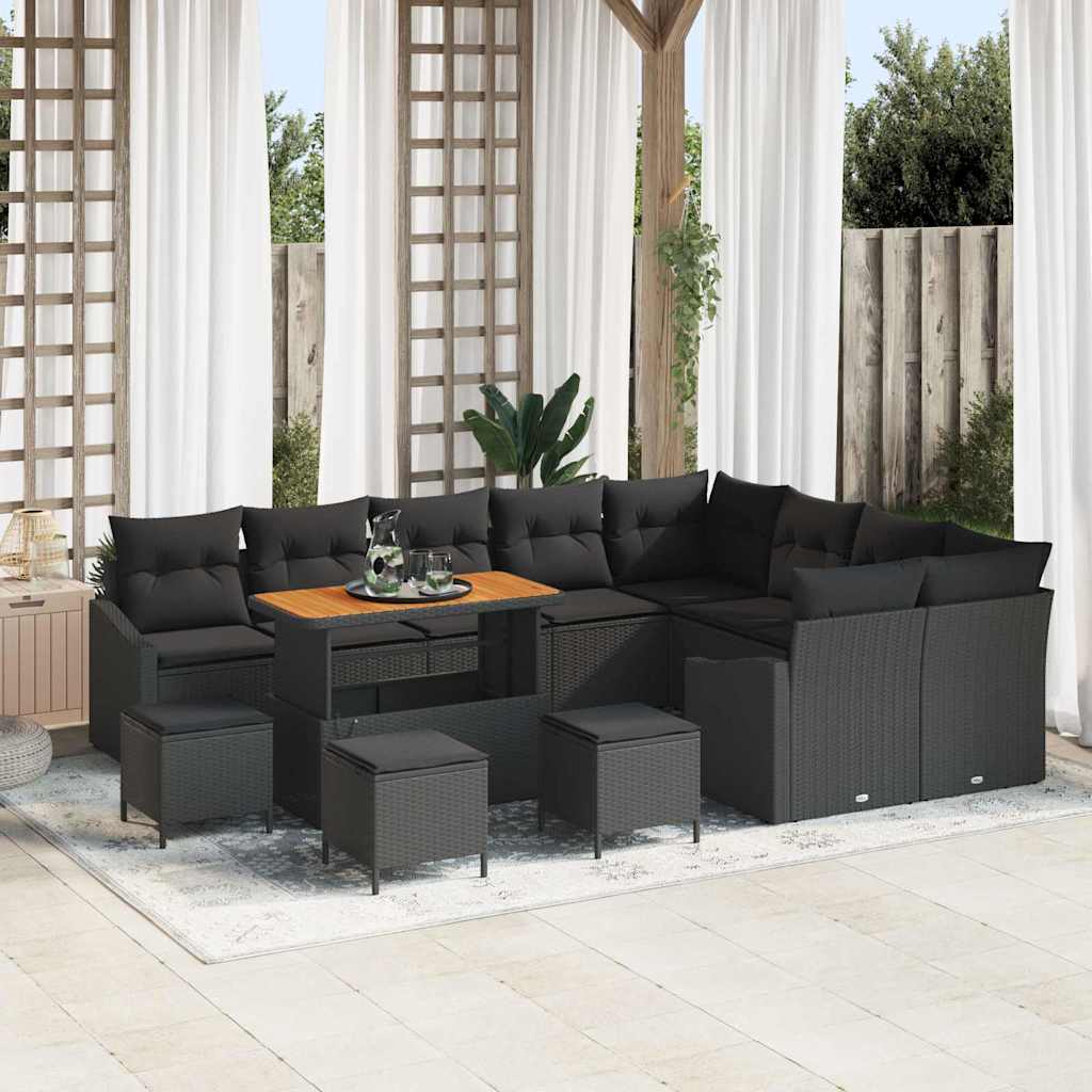 Set di Sofà da Giardino 13 Pezzi con Cuscini Nero Polyrattan Acacia 3364649