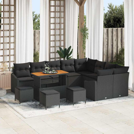 Set di Sofà da Giardino 13 Pezzi con Cuscini Nero Polyrattan Acacia 3364649