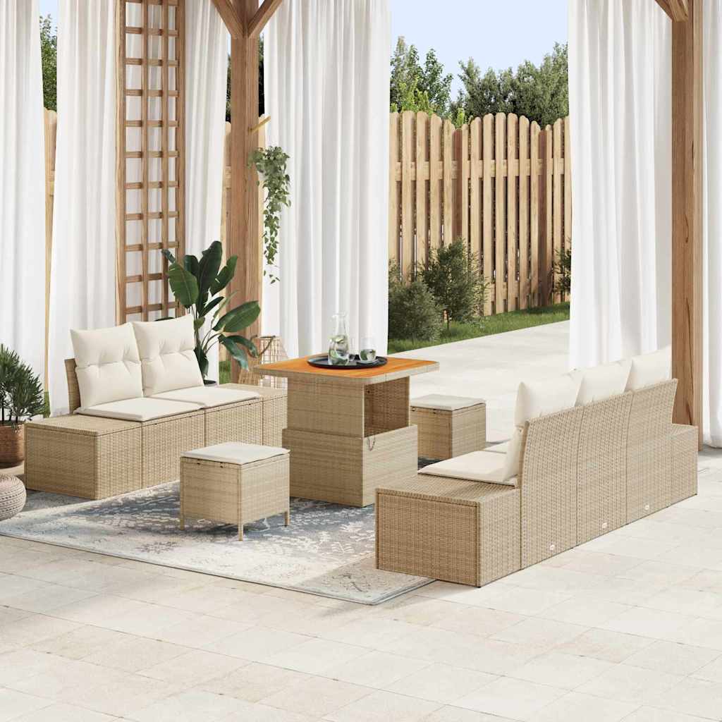 Set Divano da Giardino 8 Pezzi con Cuscini Beige Polyrattan Acacia 3364676