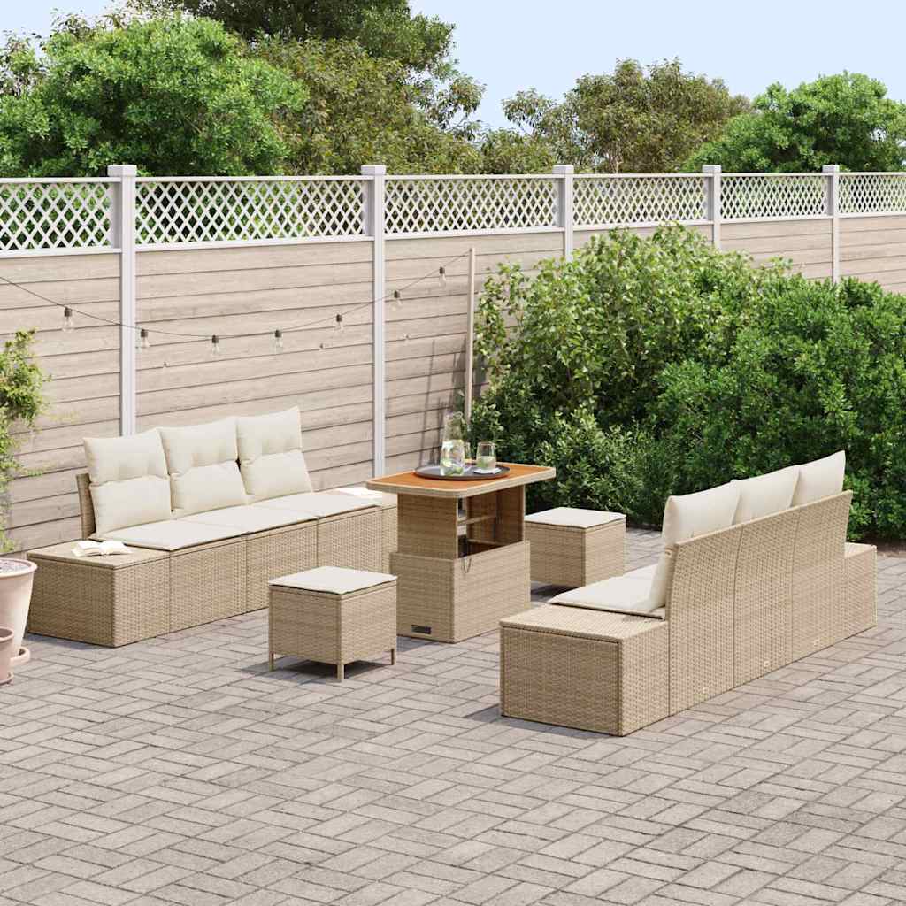 Set Divano da Giardino 9 Pezzi con Cuscini Beige Polyrattan Acacia 3364691