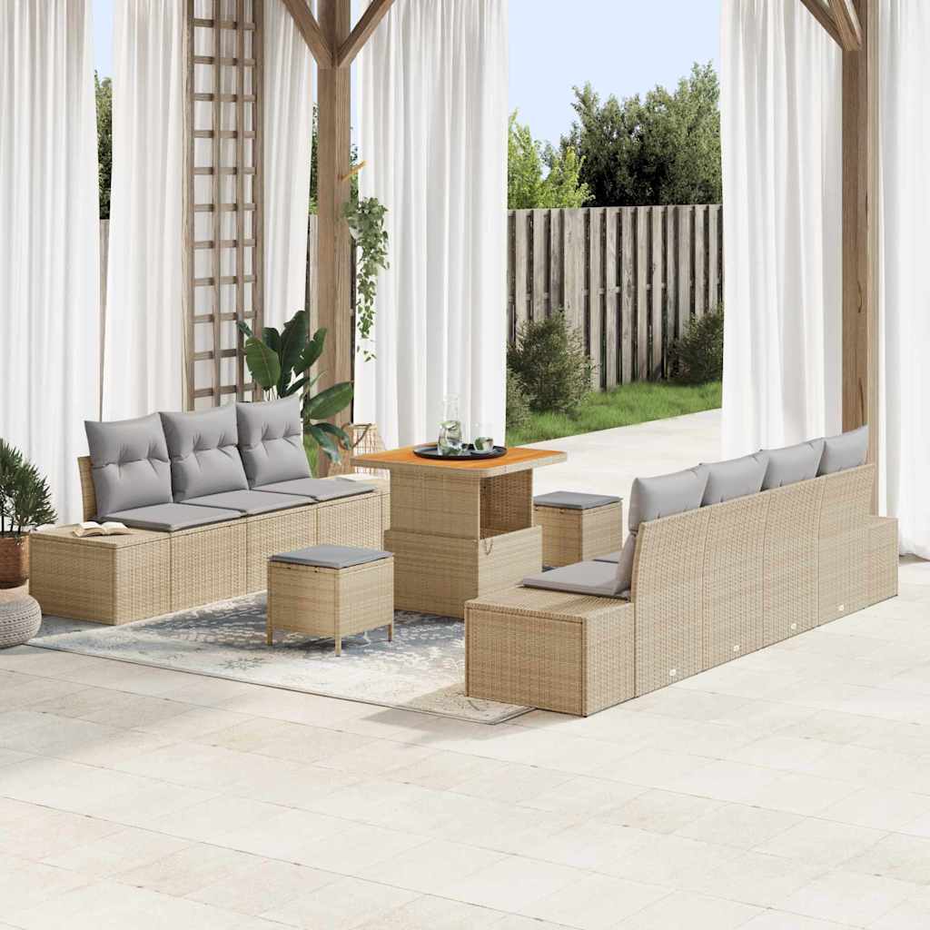 Set di Sofa da Giardino 10 Pezzi con Cuscini Beige in Polyrattan e Acacia 3364697
