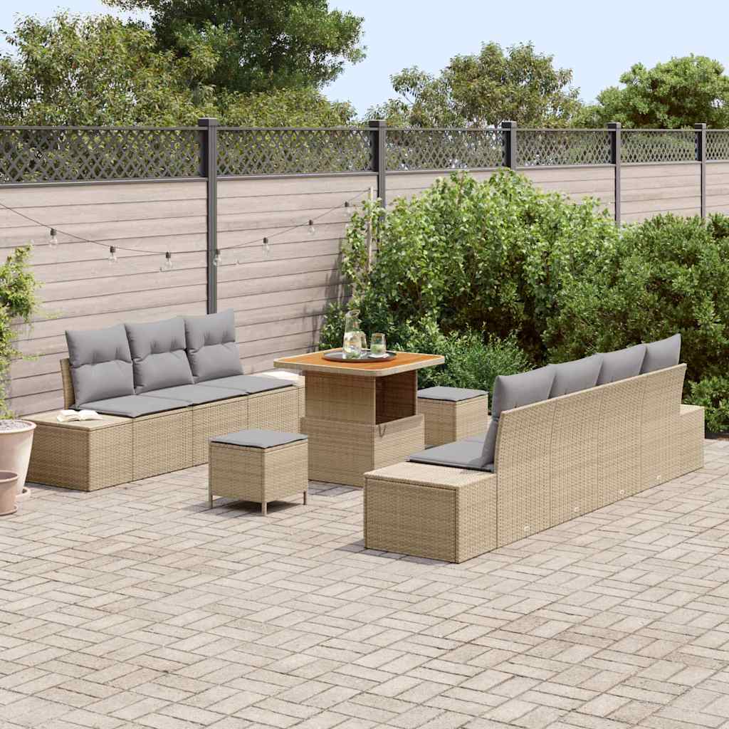 Set di Sofa da Giardino 10 Pezzi con Cuscini Beige in Polyrattan e Acacia 3364697