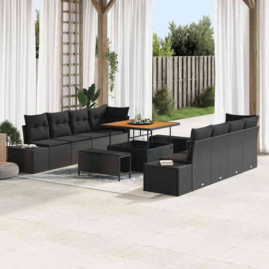Set di Sofà da Giardino da 11 Pezzi con Cuscini Nero Polyrattan Acacia 3364714