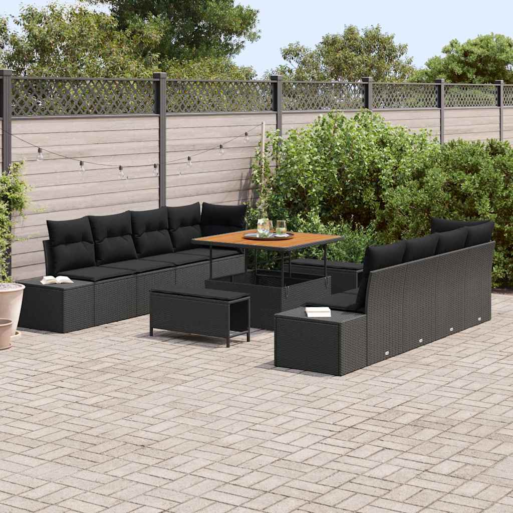 Set di Sofà da Giardino da 11 Pezzi con Cuscini Nero Polyrattan Acacia 3364714