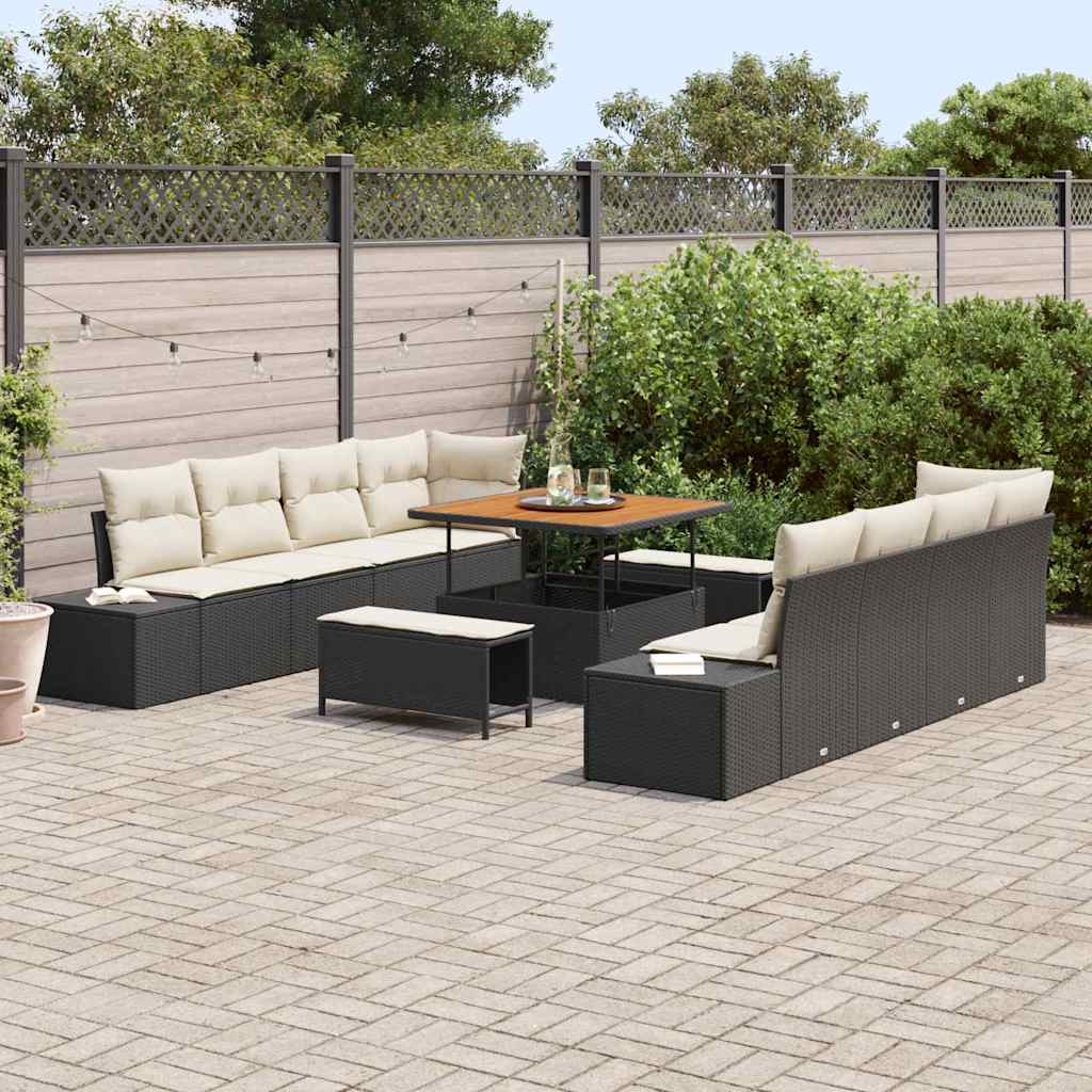 Set di Sofà da Giardino in 11 pezzi con Cuscini Nero Rattan Polietilene Acacia 3364715