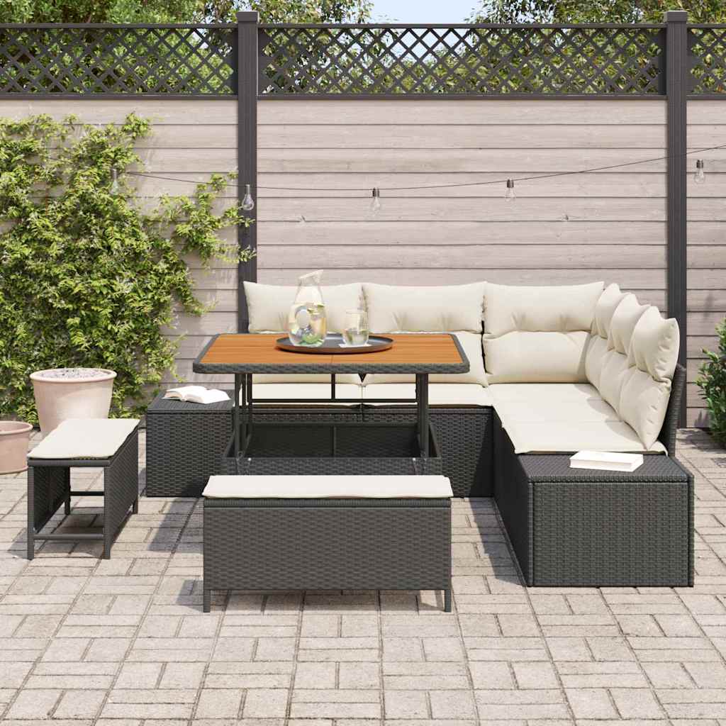 Set di divani da giardino 8 pezzi con cuscini in rattan polipropilene nero e acacia. 3364725