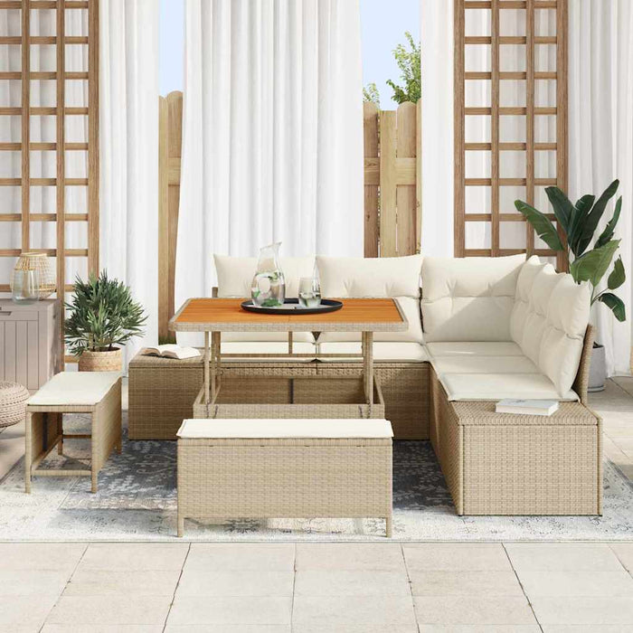 Set divano da giardino in rattan sintetico beige con cuscini, 8 pezzi, in legno di acacia. 3364726