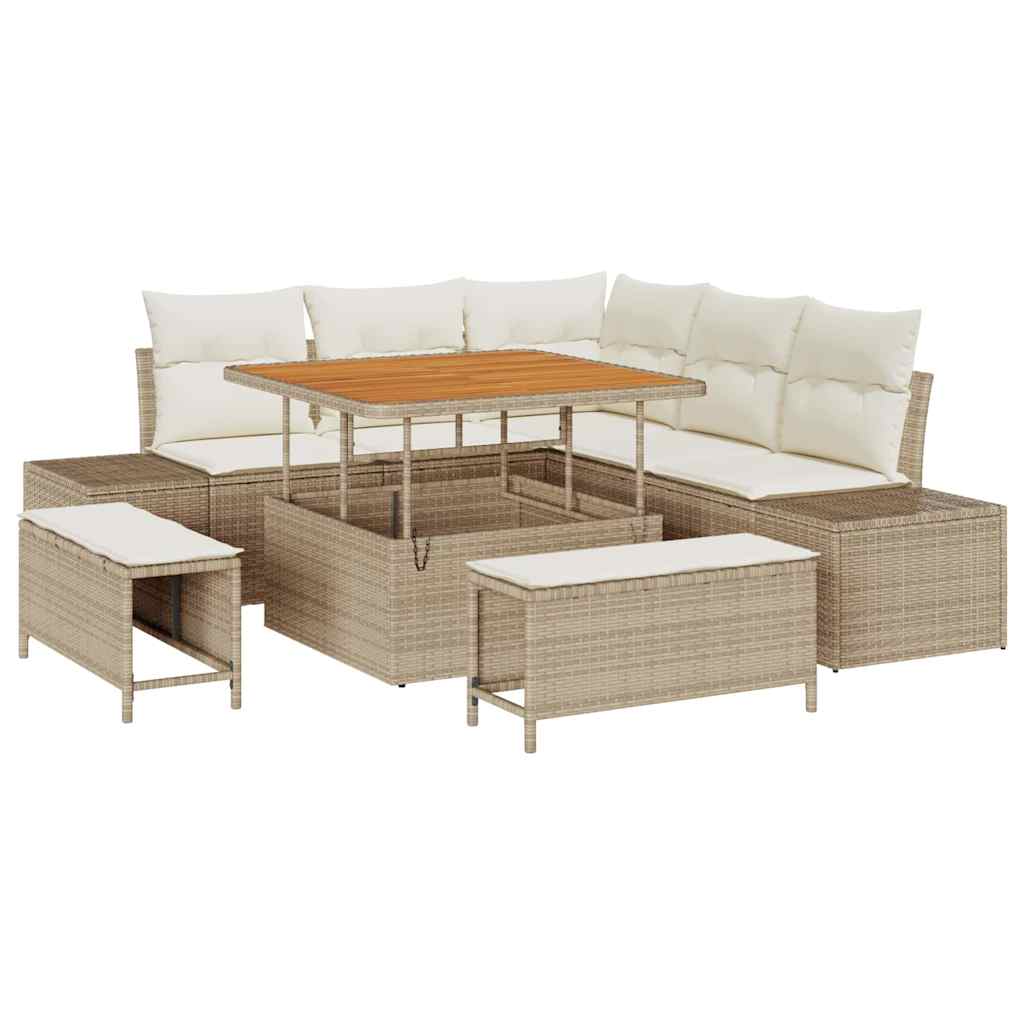 Set divano da giardino in rattan sintetico beige con cuscini, 8 pezzi, in legno di acacia. 3364726