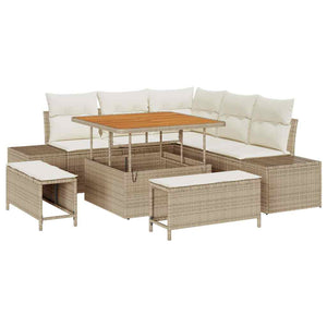 Set divano da giardino in rattan sintetico beige con cuscini, 8 pezzi, in legno di acacia. 3364726