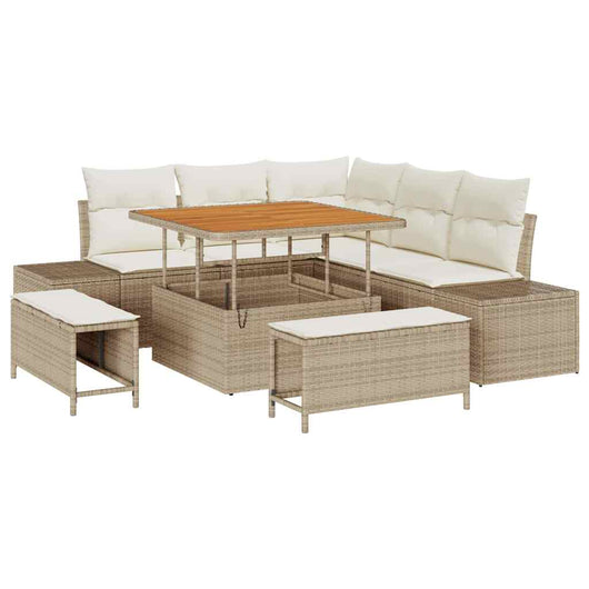 Set divano da giardino in rattan sintetico beige con cuscini, 8 pezzi, in legno di acacia. 3364726