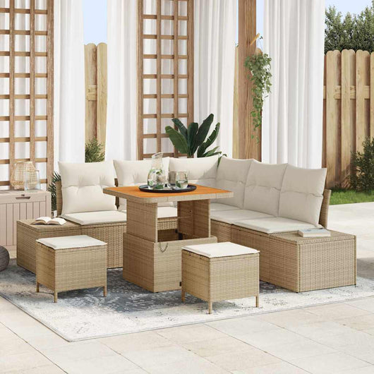 Set di divani da giardino da 8 pezzi con cuscini beige in polyrattan e acacia. 3364731