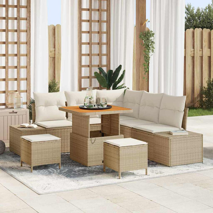 Set di divani da giardino da 8 pezzi con cuscini beige in polyrattan e acacia. 3364731