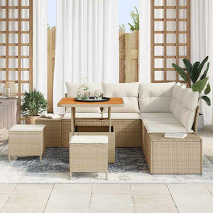 Set di divani da giardino da 8 pezzi con cuscini beige in polyrattan e acacia. 3364731
