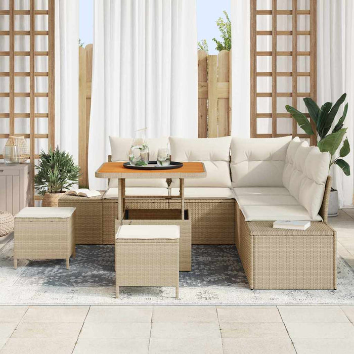 Set di divani da giardino da 8 pezzi con cuscini beige in polyrattan e acacia. 3364731