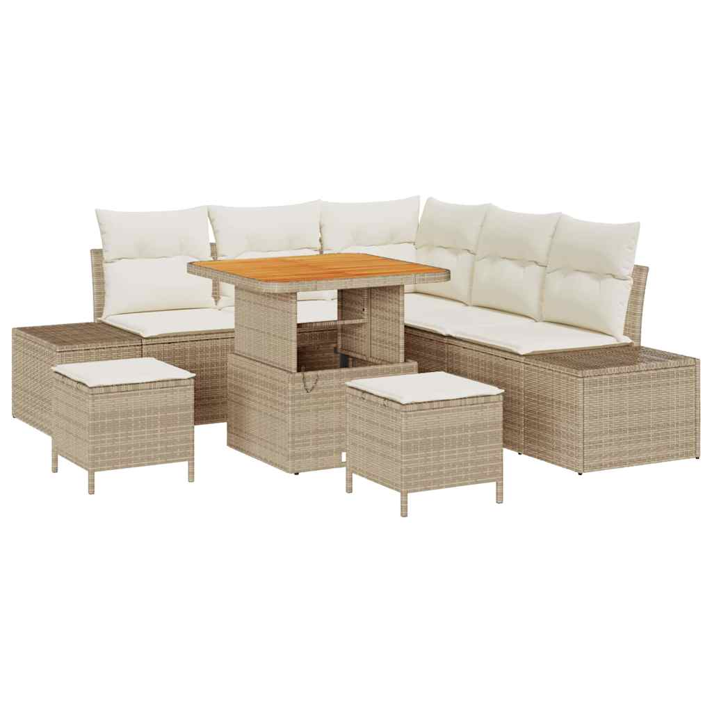 Set di divani da giardino da 8 pezzi con cuscini beige in polyrattan e acacia. 3364731