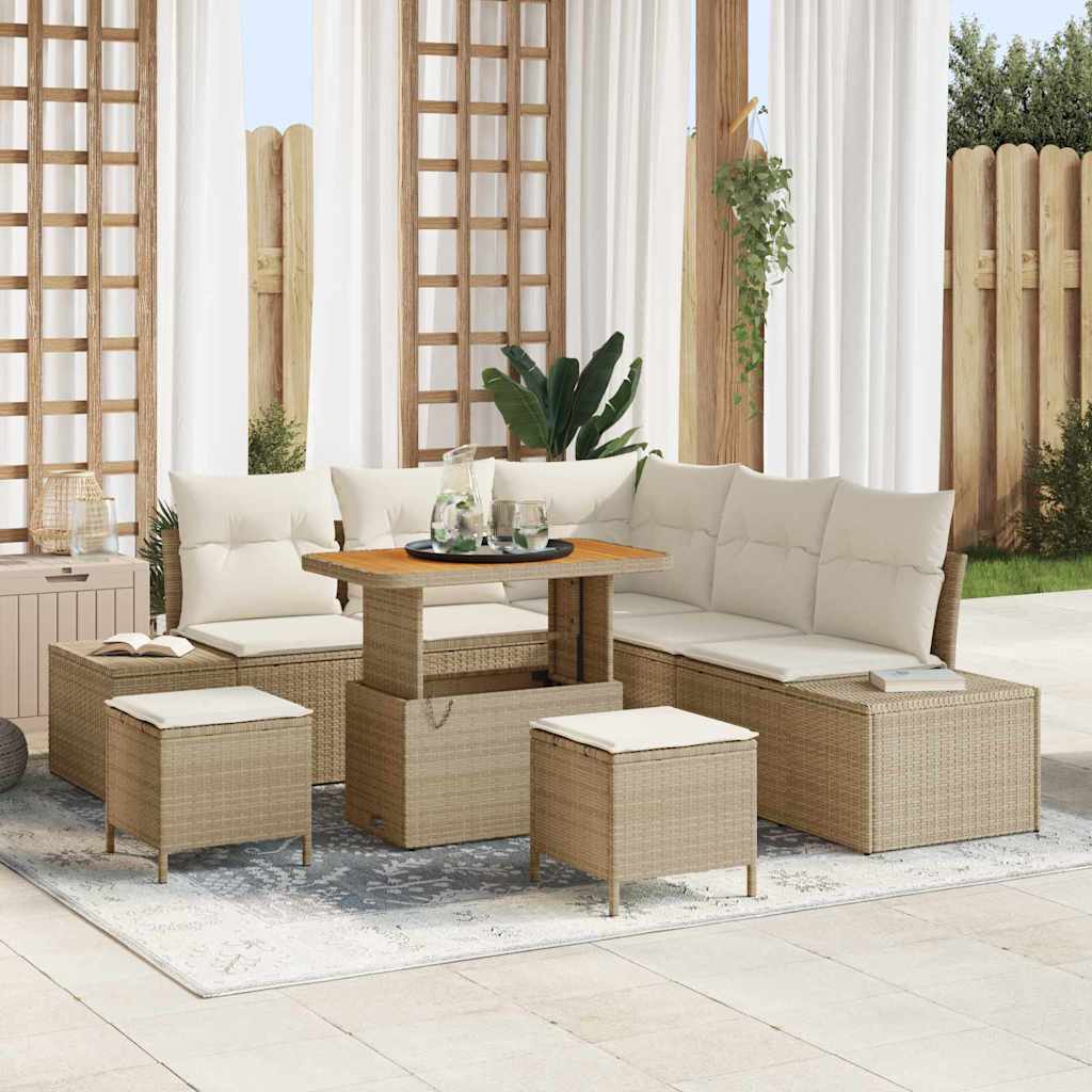 Set da giardino  in 8 pezzi con cuscini beige in rattan sintetico e acacia. 3364736