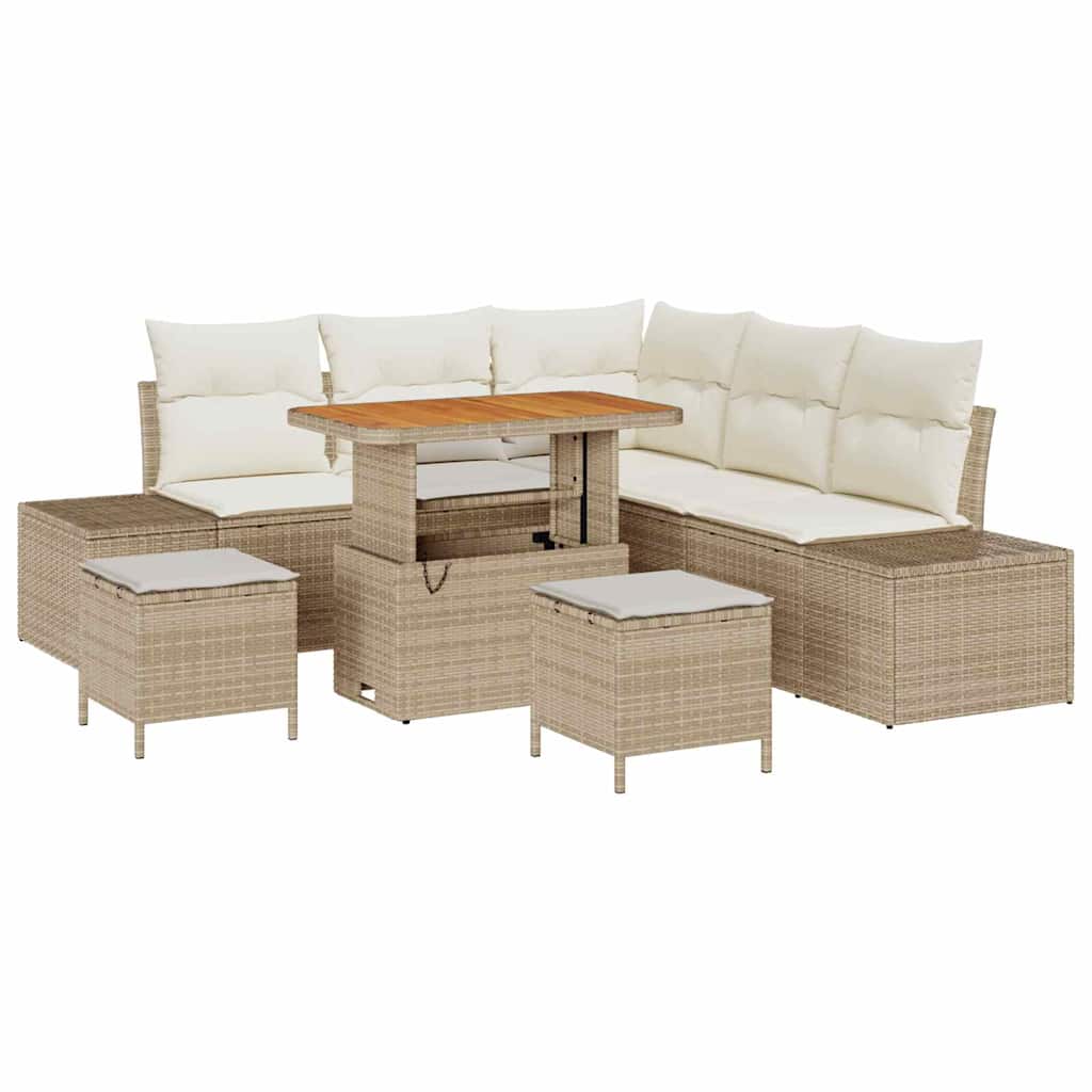 Set da giardino  in 8 pezzi con cuscini beige in rattan sintetico e acacia. 3364736