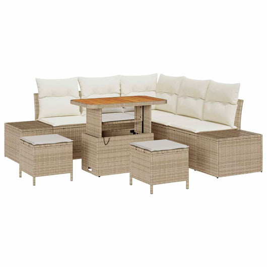 Set da giardino  in 8 pezzi con cuscini beige in rattan sintetico e acacia. 3364736