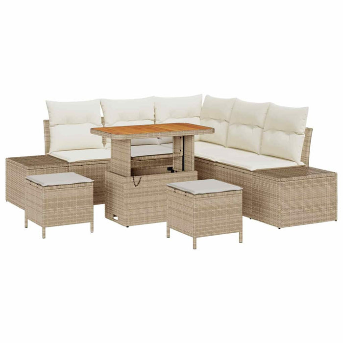 Set da giardino  in 8 pezzi con cuscini beige in rattan sintetico e acacia. 3364736