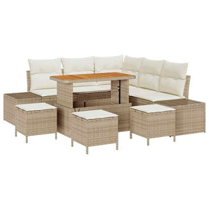 Set divano da giardino 9 pezzi con cuscini beige in polirattan e acacia. 3364741