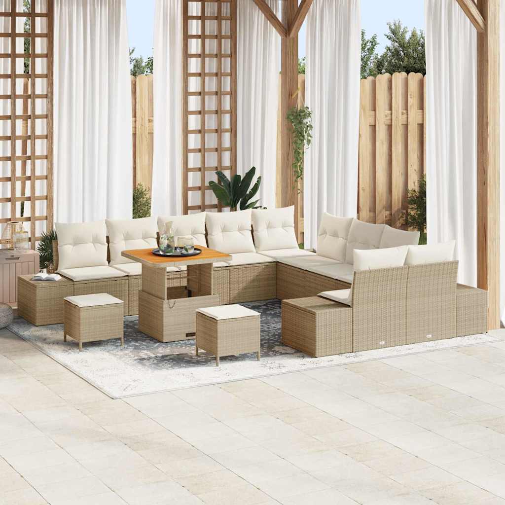 Set Divano da Giardino da 13 Pezzi con Cuscini Beige Polyrattan Acacia 3364791