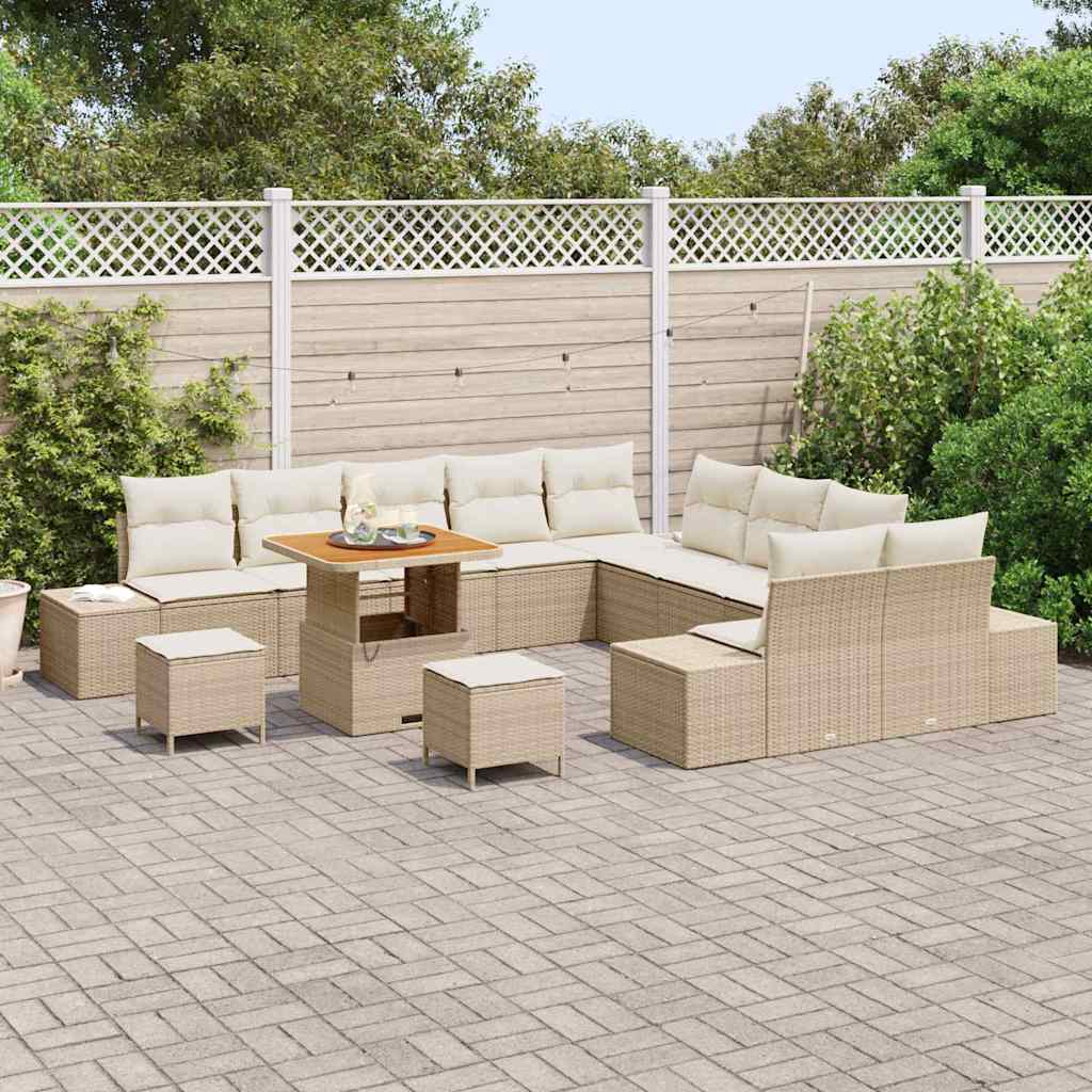 Set Divano da Giardino da 13 Pezzi con Cuscini Beige Polyrattan Acacia 3364791
