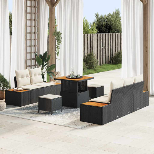 Set di Sofà da Giardino 8 Pezzi con Cuscini Nero Polirattan Acacia 3364805