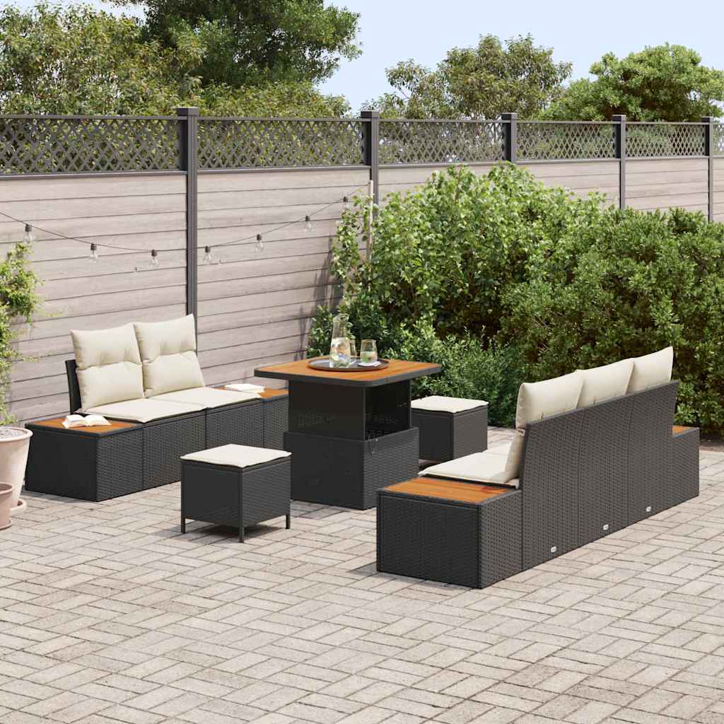 Set di Sofà da Giardino 8 Pezzi con Cuscini Nero Polirattan Acacia 3364805