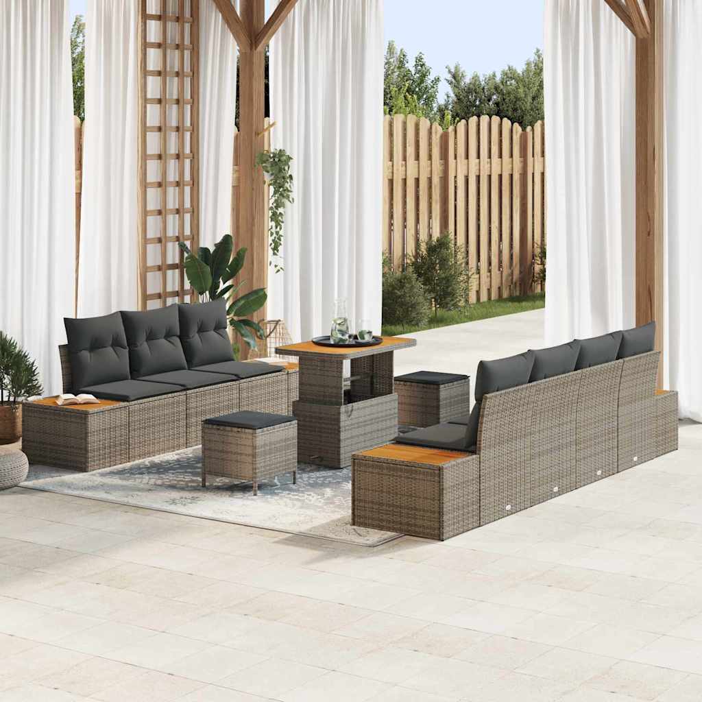 Set Divano da Giardino 10 Pezzi con Cuscini Grigio Polyrattan Acacia 3364833