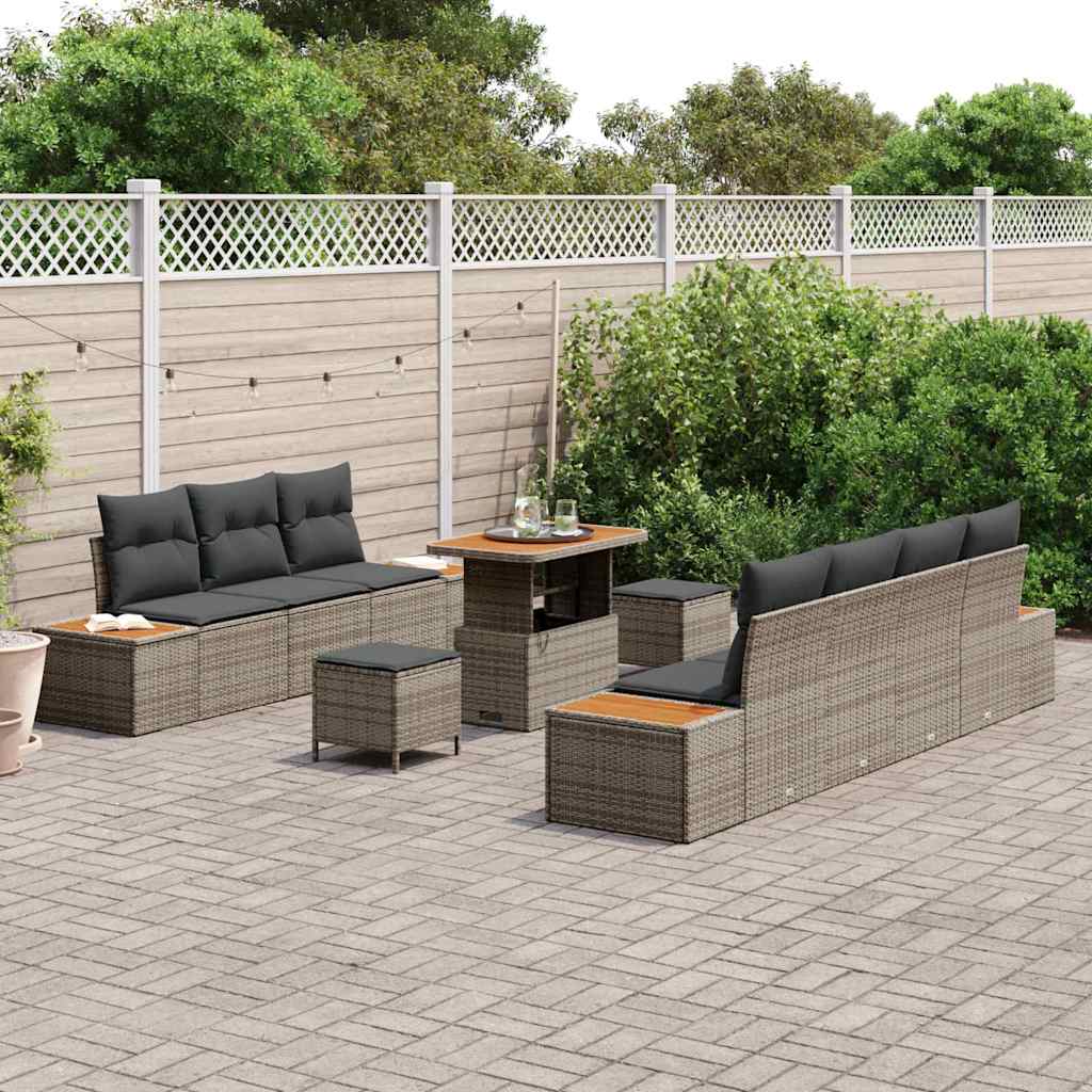 Set Divano da Giardino 10 Pezzi con Cuscini Grigio Polyrattan Acacia 3364833