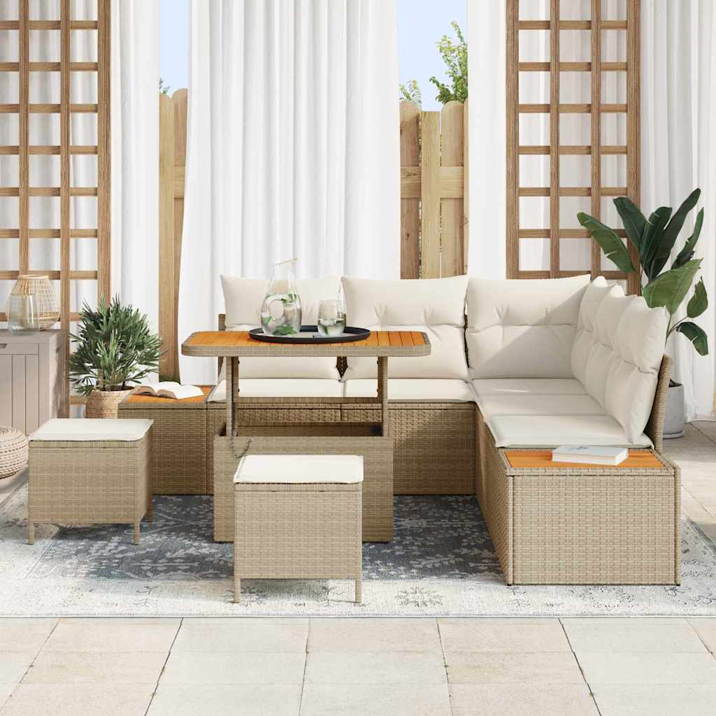 Set di Divani da Giardino 8 Pezzi con Cuscini Rattan Poliestere Beige Acacia 3364866