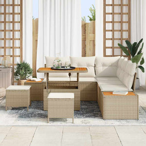 Set di Divani da Giardino 8 Pezzi con Cuscini Rattan Poliestere Beige Acacia 3364866