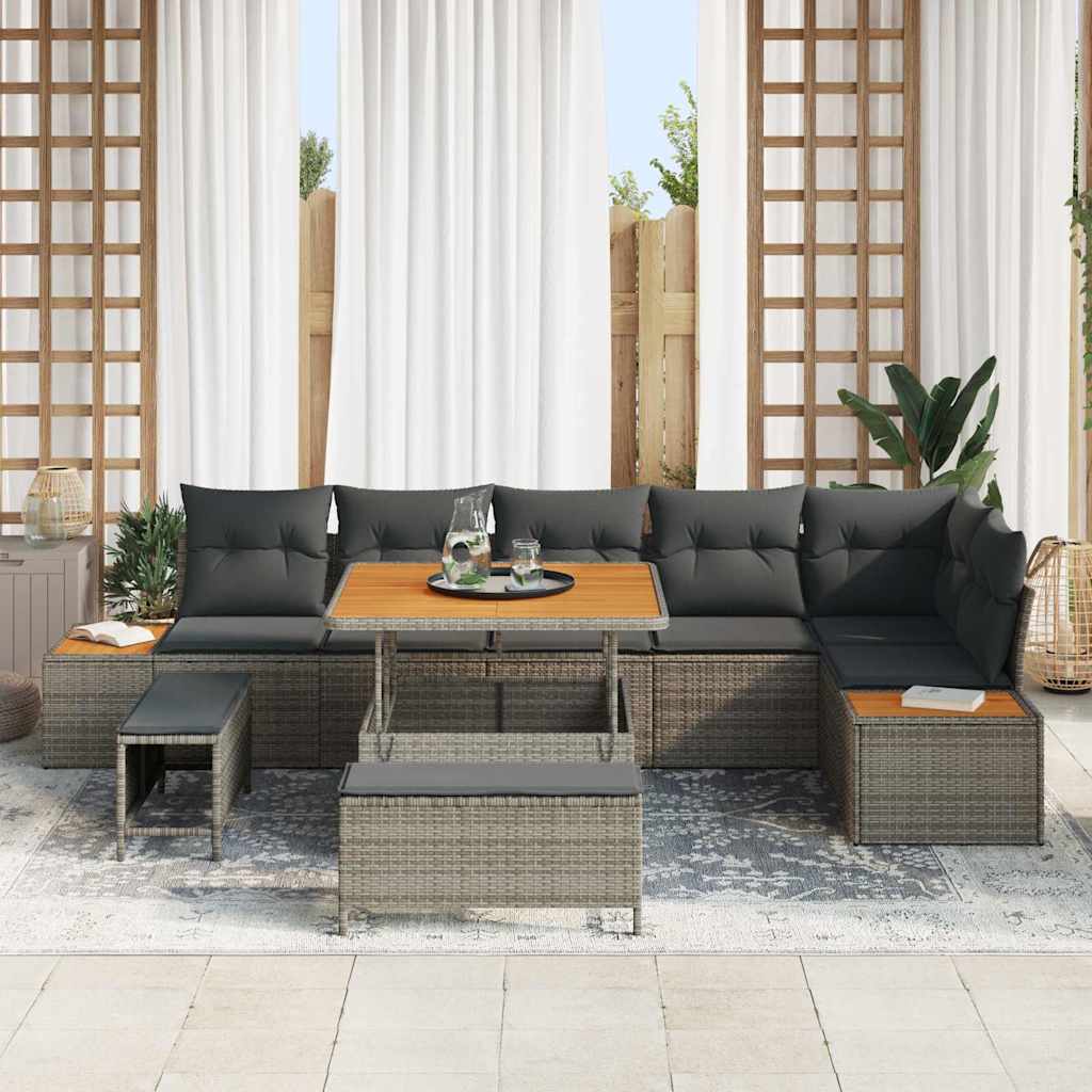 Set Giardino  9 Pezzi con Cuscini Grigio Rattan Polirene Acacia 3364878