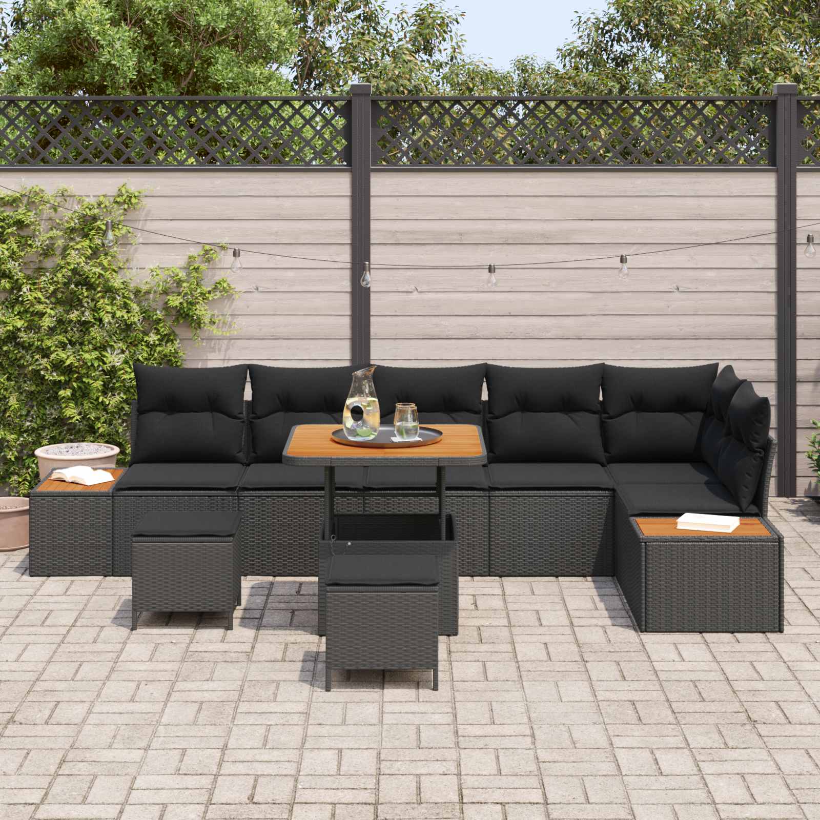 Set Divano da Giardino con cuscino 9 pcs Nero Poly Rattan 3364879