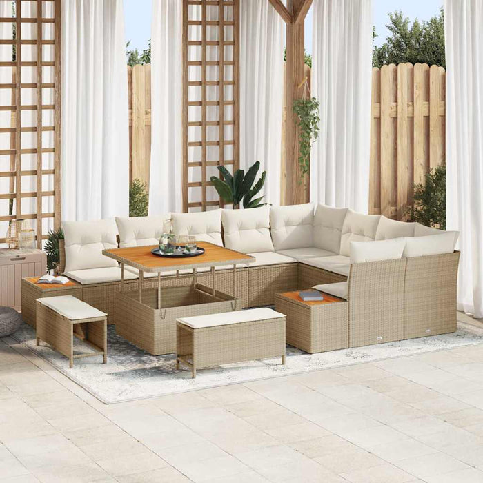 Set Divano da Giardino  in 12 Pezzi con Cuscini Rattan Beige Acacia 3364896