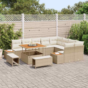 Set Divano da Giardino  in 12 Pezzi con Cuscini Rattan Beige Acacia 3364896