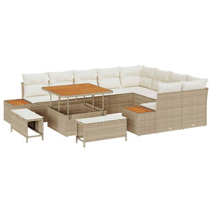 Set Divano da Giardino  in 12 Pezzi con Cuscini Rattan Beige Acacia 3364896