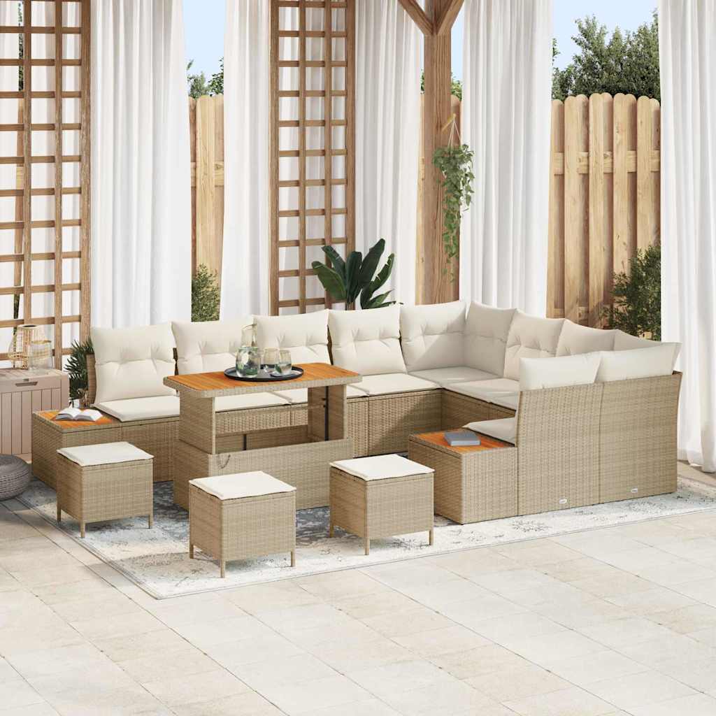 Set di Divano da Giardino  13 Pezzi con Cuscini Beige in Rattan Poli Acacia 3364911