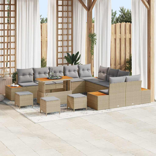 Set di Sofà da Giardino  14 Pezzi con Cuscini Beige Polyrattan Acacia 3364932