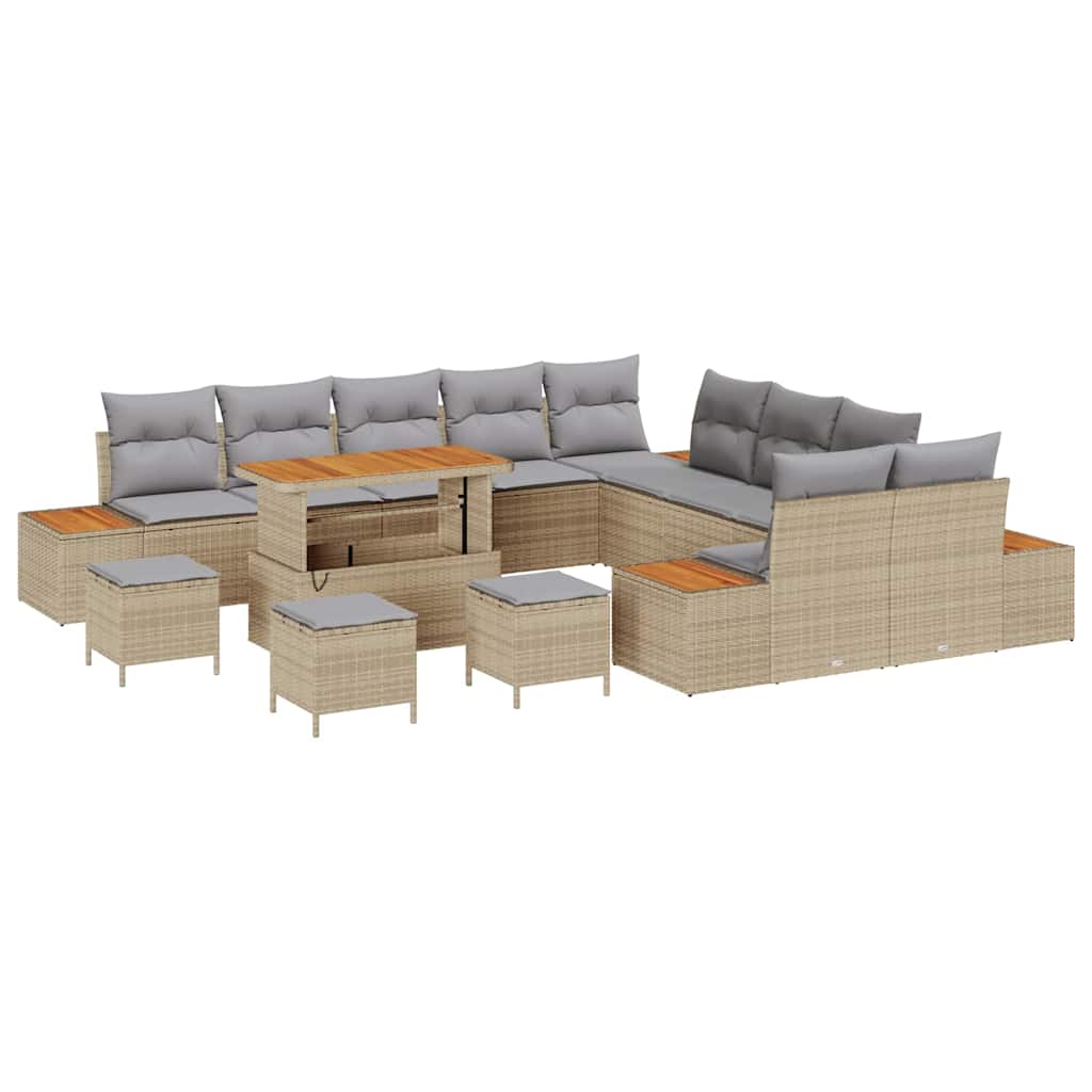 Set di Sofà da Giardino  14 Pezzi con Cuscini Beige Polyrattan Acacia 3364932