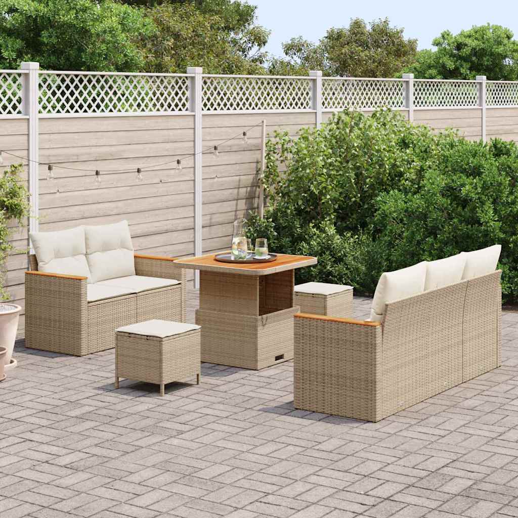 Set di Sofà da Giardino  8 Pezzi con Cuscini Beige Polyrattan Acacia 3364936